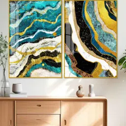 vibecrafts Modern Turquoise Blue Waves Artistic Art Acrylic Framed Art Panel (Set Of 2)-picture-34