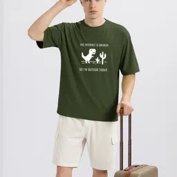 nobero Men Graphic Print Crew Neck Pure Cotton Green T-Shirt image 4