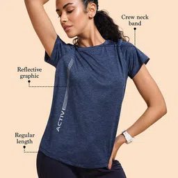 enamor Dry Fit, Antimicrobial A309 Basic Workout Women Typography Round Neck Polyester Blue T-Shirt image 3
