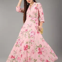 rudraaksha Women A-line Pink, Green Maxi/Full Length Dress image 3