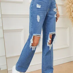 LULU & SKY Women Straight Fit High-Rise Mildly Distressed Light Fade Stretchable Jeans image 4