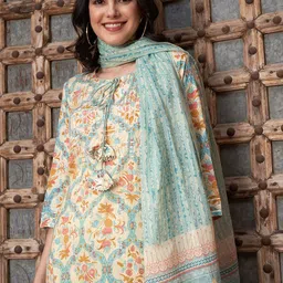 Sangria Orange Floral Printed Cotton Straight Kurta with Trousers & Dupatta image 5