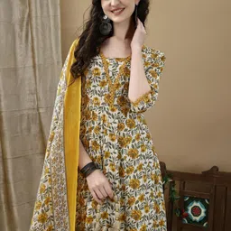 KALINI Floral Printed Pure Cotton Anarkali Kurta With Trousers & Dupatta image 2
