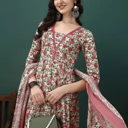 KALINI Floral Printed Pure Cotton Anarkali Kurta With Trousers & Dupatta image 2