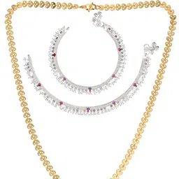 AanyaCentric Silver-Plated Beaded Anklets With Gold-Plated Chain Jewellery Set image 2