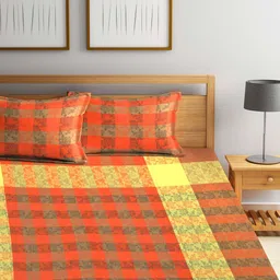 Arrabi Orange & Yellow Geometric 300 TC King Cotton Bedsheet with 2 Pillow Covers image 3