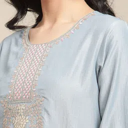 Varanga Women Blue Yoke Design Regular Thread Work Kurta with Trousers & With Dupatta image 3