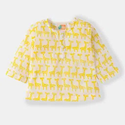 THE BABY LABEL Unisex Kids Yellow & White Hand-Block Giraffe Print Pure Cotton Kurta with Pyjamas image 5