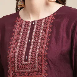 Varanga Women Burgundy & Rose Yoke Design Thread Work Kurta with Trousers & Dupatta image 3