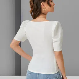 dream beauty fashion Casual Puff Sleeves Solid Women White Top image 2