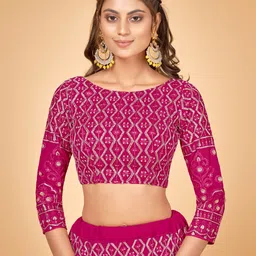 Cloth's Villa Women Pink & Gold-Toned Embroidered Thread Work Semi-Stitched Lehenga & Unstitched Blouse With image 4
