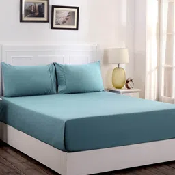 Blue Solid 200 TC 100% Cotton Single Bed Sized Bed Sheets With 1 Pillow Cover by Maspar image 1