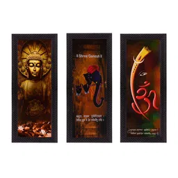 eCraftIndia Set Of 3 Brown & Gold-Toned Ganesha & Buddha Satin Matt Texture UV Wall Art image 2