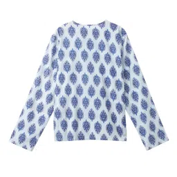 Cub McPaws Boys Blue & White Ethnic Motifs Printed Cotton Short Kurta image 3