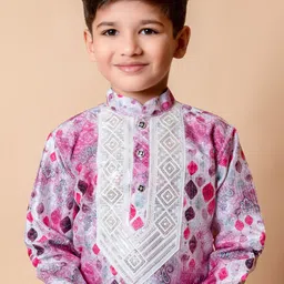 BAESD Boys Floral Embroidered Sequinned Dupion Silk Straight Kurta With Patiala image 4