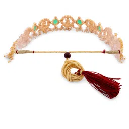 Zaveri Pearls Women Green & Pink Gold-Plated Artificial Stone Studded Temple Jewellery Set image 5