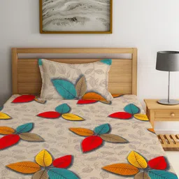 Home Sizzler Cream-Coloured & Red Floral 144 TC Single Bedsheet with 1 Pillow Covers image 3