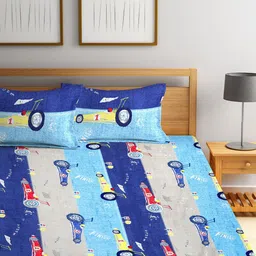 Arrabi Biege & Blue Cartoon 300 TC King Size Fitted Bedsheet with 2 Pillow Covers image 3