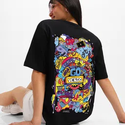 veirdo Women Graphic Print, Typography Round Neck Pure Cotton Black T-Shirt image 2