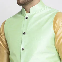 Kaifoo Men Green Solid Silk Nehru Jackets image 3