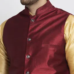 Kaifoo Men Maroon Solid Woven Nehru Jackets image 4