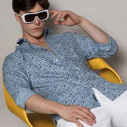 Campus Sutra Blue Classic Floral Printed Cotton Casual Shirt-picture-40
