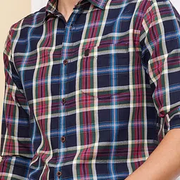 The Indian Garage Co Men Navy Blue & Grey Checked Pure Cotton Casual Shirt image 2