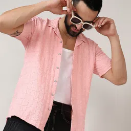 Campus Sutra Pink Classic Geometric Self Design Cuban Collar Casual Shirt image 1