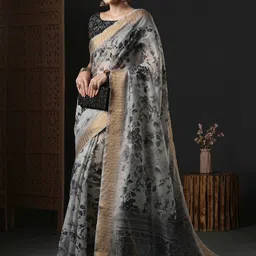 Anouk Grey & White Floral Printed Zari Organza Sungudi Saree image 3