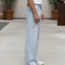 Shein Full Length Pleated Frayed Hem Mid Wash Jeans image 2