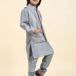 Pro-Ethic STYLE DEVELOPER Boys Pure Silk Straight Kurta & Churidar With Nehru Jacket image 3