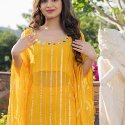 HOUSE OF JAMOTI Striped Mirror Work Pure Cotton Kaftan Kurta with Trousers image 2