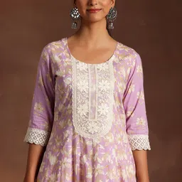 Libas Floral Printed Panelled Thread Work Pure Cotton A-Line Kurta With Trousers & Dupatta image 2