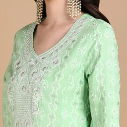 HERE&NOW Floral Printed Regular Thread Work Kurta With Trousers image 2