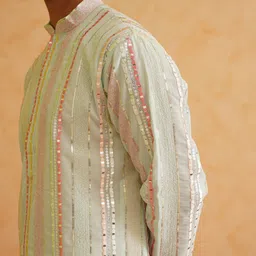 SOJANYA LUXE Striped Embroidered Mandarin Collar Straight Kurta with Pyjamas image 2