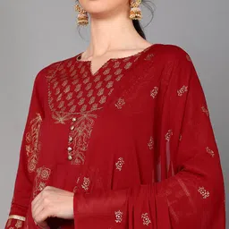 AHIKA Women Maroon Ethnic Motifs Printed Angrakha Pure Cotton Kurti with Trousers & With Dupatta image 2