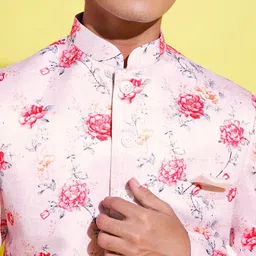 VASTRAMAY Boys Cream & Pink Solid Straight Kurta with Churidar & With Printed Jacket image 2