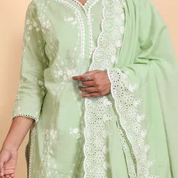 Ishin Thread Work Straight Pure Cotton Kurta With Trouser and Scalloped Schiffli Dupatta image 2