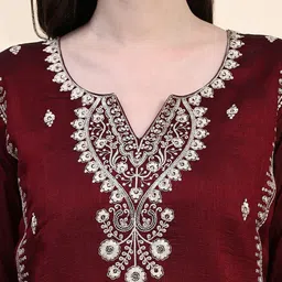 Trendmalls Embroidered Sequinned Pure Cotton Straight Kurta With Trousers & Dupatta image 2