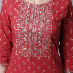 Rajnandini Women Maroon Floral Embroidered Sequinned Pure Cotton Kurta with Trousers & With Dupatta image 2