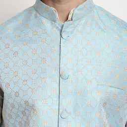SOJANYA Ethnic Motifs Printed Silk Cotton Kurta With Churidar & Woven Design Nehru Jacket image 2