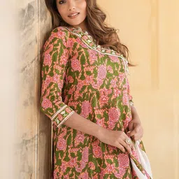KALINI Floral Embroidered Gotta Patti Angrakha Pure Cotton Kurta with Trousers & Dupatta image 2