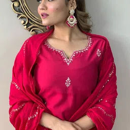 KALINI Ethnic Motifs Embroidered Thread Work Detail Straight Kurta & Trousers With Dupatta image 2