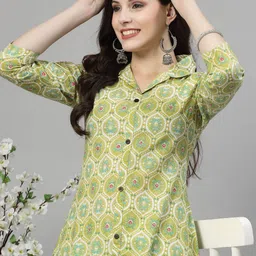 NEW STYLISH Ethnic Motifs Printed Shirt Collar Pure Cotton A Line Kurta with Trousers image 4