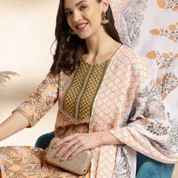 Anouk Floral Printed Round Neck Pure Cotton Straight Kurta with Trousers & Dupatta-picture-16