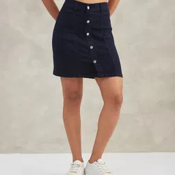 Women Solid Flared Dark Blue Skirt-image-43