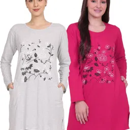 Pack of 2 Women Floral Print Round Neck Cotton Blend Multicolor T-Shirt-image-3