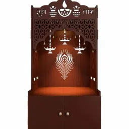 homscape Jali Wooden Floor Temple With Spacious Shelf Inbuilt Focus Light Brown image 5