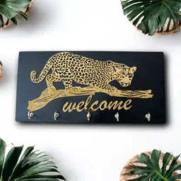 zeni maa Luxury Wildlife Theme Wall Mounted Key Holder | Gold Mirror Leopard Wood, Acrylic Key Holder image 5