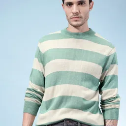 glitchez Men Striped Round Neck Green Sweater-picture-13